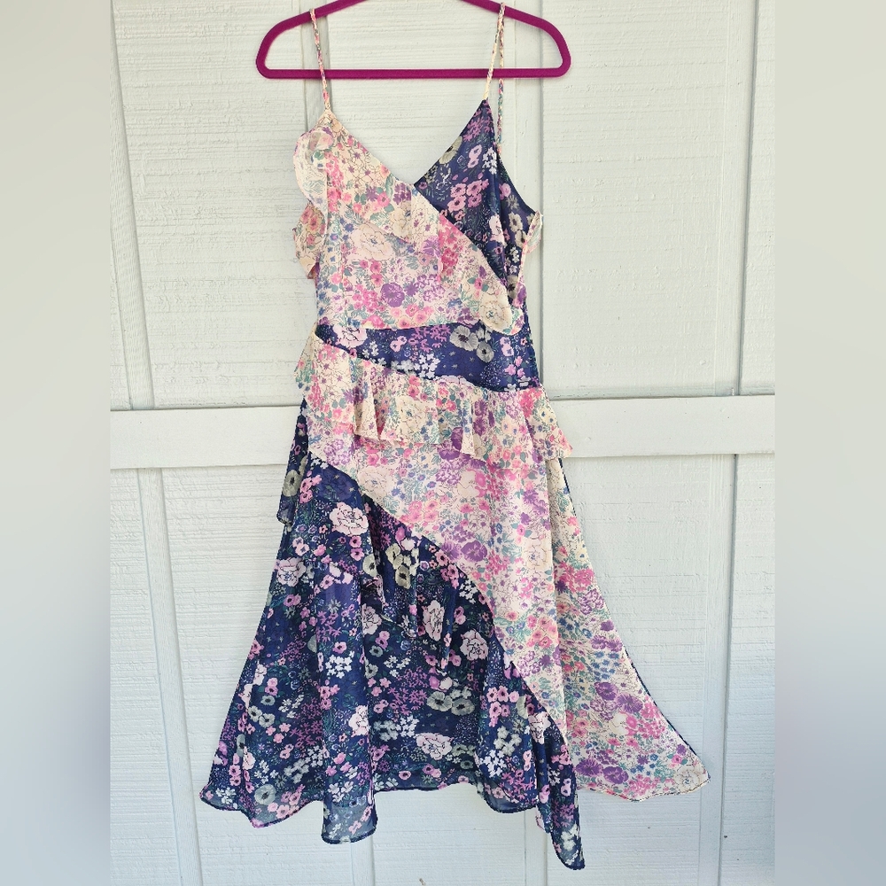 Aqua By Bloomingdales Tiered Ruffled Floral Midi Dress Navy Multi M Fairycore